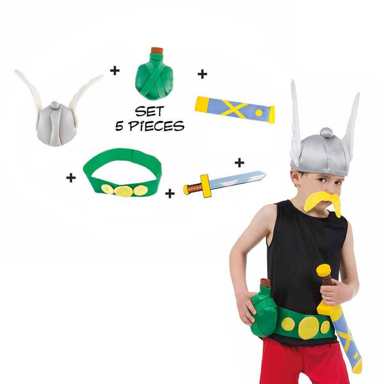 Asterix Zubehör-Set zum Kostüm 5 Teile für Kinder Fasching Karneval Mottoparty Asterix & Obelix Requisiten Accessoire Helm Gürtel Flasche Scheide Schwert