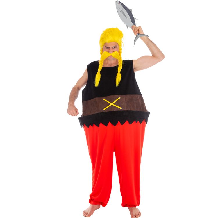 Verleihnix Kostüm Deluxe mit Perücke & Bart Asterix & Obelix für Herren Gr. M-XL gallischer Fischhändler Fasching Karneval Mottoparty Paar- und Gruppenkostüm Comic-Held