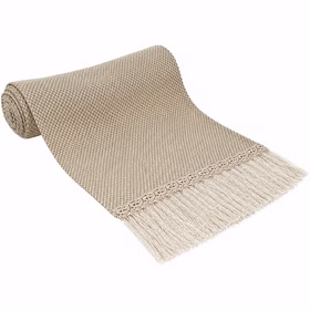 Tischläufer 3 m x 27 cm Beige im Boho-Style mit Stickerei & Fransen Tisch-Deko Hochzeit Geburtstag SALE Sommer-Party Vintage-Style gedeckter Tisch Wohnaccessoire Beiger Tischläufer im Boho-Style mit dekorativer Stickerei und cremefarbenen Fransen auf weißem Hintergrund.