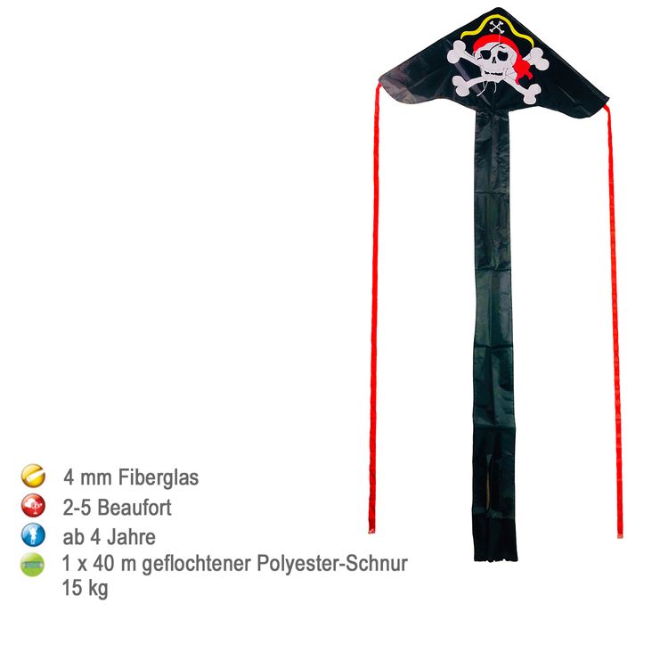 Drache Einleiner Pirat ab 4 Jahre 4 mm Fiberglass 85 x 200 cm Flugdrache Herbst Drachen steigen Ostsee Nordsee