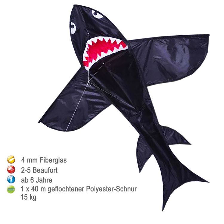 Drache Einleiner Hai Shark 3D ab 6 Jahre 4 mm Fiberglas 132 x 147 cm Flugdrache Herbst Drachen steigen Ostsee Nordsee