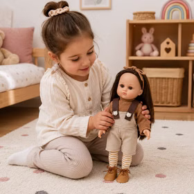 Kind spielt im Kinderzimmer mit der Spielpuppe Johanna. Die Puppe eignet sich ideal zum Kuscheln, Frisieren und kreativen Spielen.