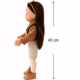 Spielpuppe Johanna mit langen braunen Haaren in Seitenansicht. Die 40 cm große Vinylpuppe eignet sich ideal zum Frisieren, Kämmen und kreativen Spielen.