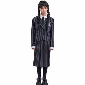 Wednesday Kostüm Schuluniform Wednesday Addams für Kinder Gr. 140-164 schwarz Lizenzkostüm Halloween Fasching Karneval Mottoparty Kinderfasching Gruppenkostüm Familienkostüm