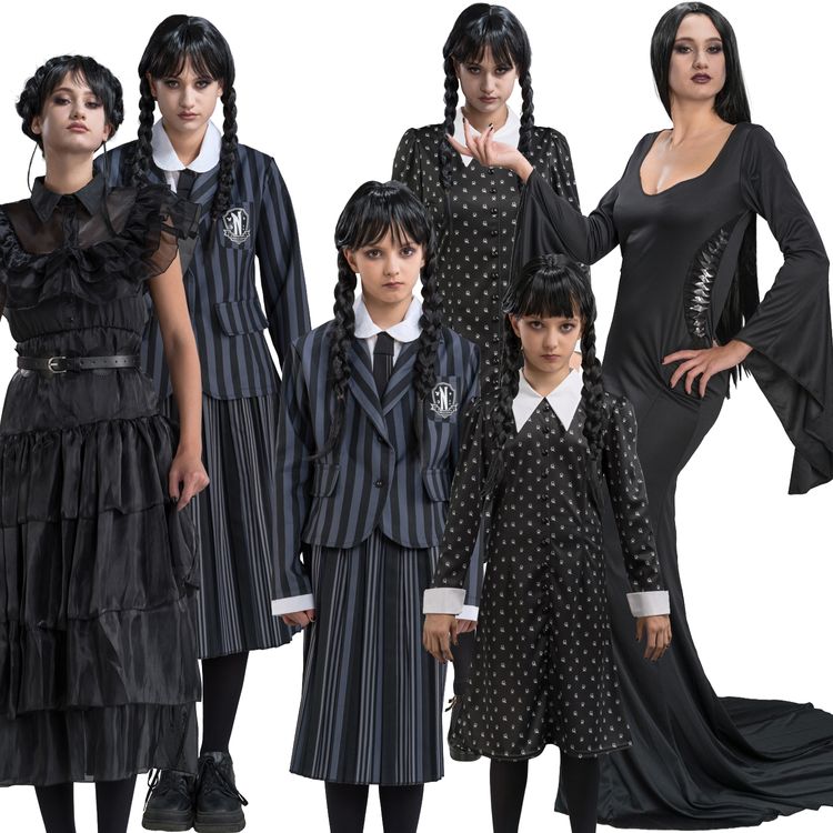 Wednesday Kostüm Halloween Kleid für Kinder Wednesday Kostüm Schuluniform Wednesday Addams für Kinder Gr. 140-164 schwarz Lizenzkostüm Halloween Fasching Karneval Mottoparty Kinderfasching Gruppenkostüm Familienkostüm