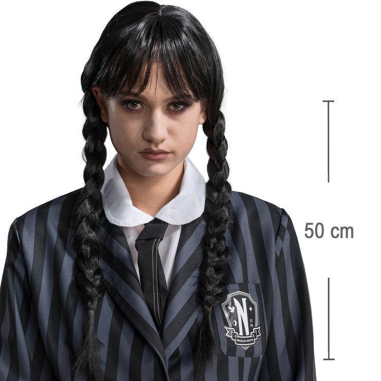 Wednesday Perücke schwarz Langhaar mit Zöpfen Kostüm-Zubehör für Damen Wednesday Perücke schwarz Langhaar mit Zöpfen Kostüm-Zubehör für Damen Lizenz-Perücke geflochtene Perücke Halloween Fasching Karneval Mottoparty