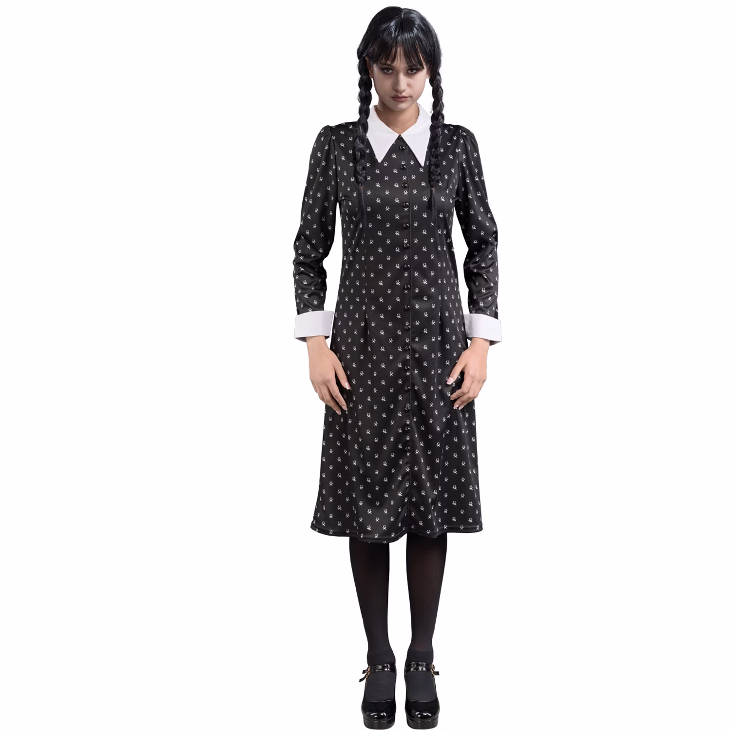 Wednesday Kostüm Halloween Kleid schwarz mit weißen Punkten für Damen Gr. XS-L Lizenz-Kostüm Fasching Karneval Mottoparty Gruppenkostüm Familienkostüm