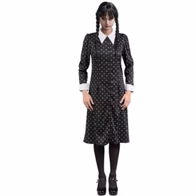 Wednesday Kostüm Halloween Kleid schwarz mit weißen Punkten für Damen Gr. XS-L Lizenz-Kostüm Fasching Karneval Mottoparty Gruppenkostüm Familienkostüm Wednesday Kostüm Halloween Kleid schwarz mit weißen Punkten für Damen Gr. XS-L Lizenz-Kostüm Fasching Karneval Mottoparty Gruppenkostüm Familienkostüm