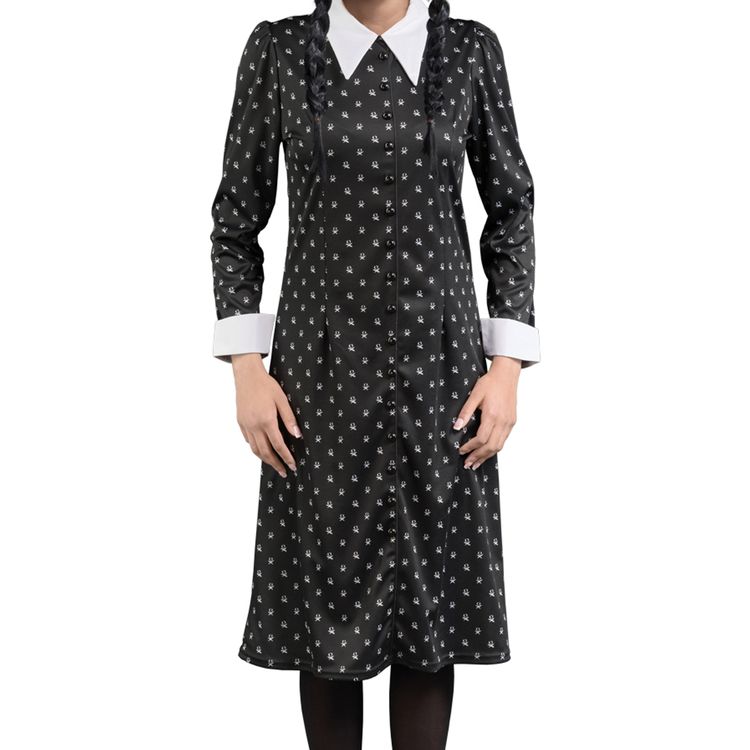 Wednesday Kostüm Halloween Kleid schwarz mit weißen Punkten für Damen Wednesday Kostüm Halloween Kleid schwarz mit weißen Punkten für Damen Gr. XS-L Lizenz-Kostüm Fasching Karneval Mottoparty Gruppenkostüm Familienkostüm