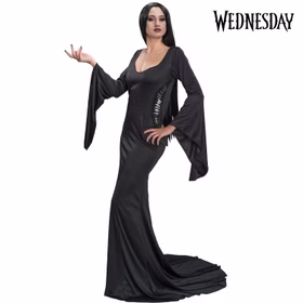 Morticia Addams Kostüm Halloween Kleid schwarz für Damen Gr. S-XL Lizenz-Kostüm Halloween Fasching Karneval Mottoparty Gruppenkostüm Familienkostüm