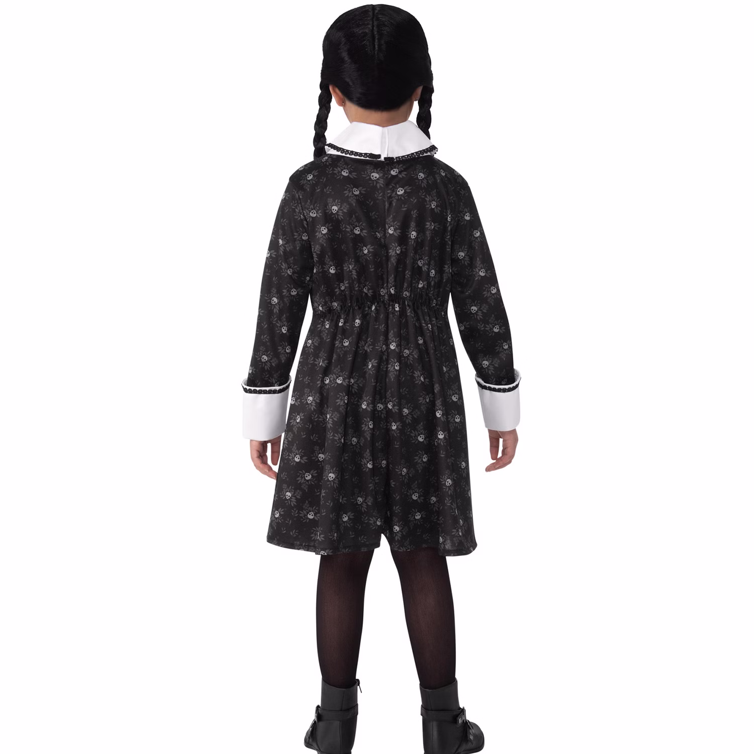 Rückansicht Wednesday Addams Lizenzkostüm mit Kleid für Kinder Rückansicht Wednesday Addams Lizenzkostüm für Kinder mit schwarzem Kleid, weißem Kragen, Manschetten und Totenkopf-Muster für Halloween.