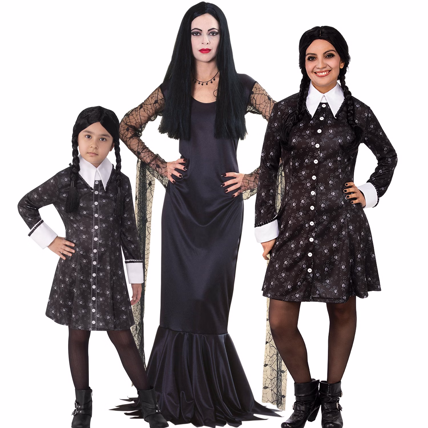 Morticia Addams Kostüm schwarz mit Spinnennetzärmeln für Damen mit Wednesday Kostümen für Kinder Schwarzes Morticia Addams Kleid für Damen als Teil eines düsteren Familienkostüms für Halloween und Mottopartys.