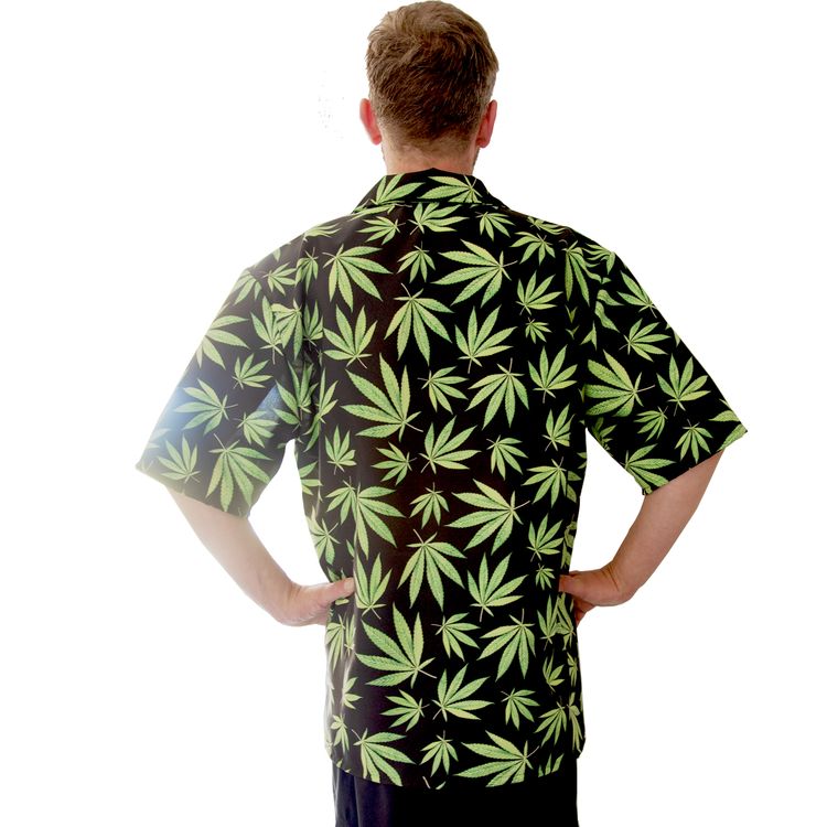 Hawaii Hemd schwarz mit Hanfblätter-Motiv grün Mr. Cannabis für Herren Gr. 50-60 JGA Beachparty Freizeit-Look Sommerhemd Fasching Karneval Mottoparty