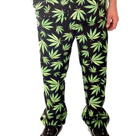 Cannabis Hose schwarz & grünen Hanf-Blättern für Herren Gr. 50-58 JGA Beachparty Freizeit-Look Sommerhemd Fasching Karneval Mottoparty