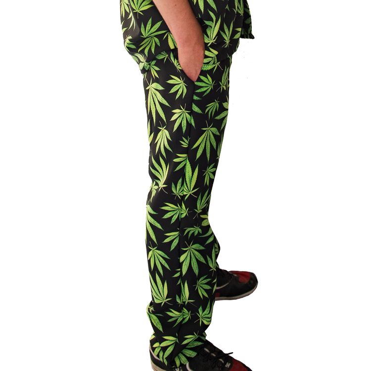 Cannabis Hose lang schwarz & grünen Hanf-Blättern für Herren Cannabis Hose schwarz & grünen Hanf-Blättern für Herren Gr. 50-58 JGA Beachparty Freizeit-Look Sommerhemd Fasching Karneval Mottoparty