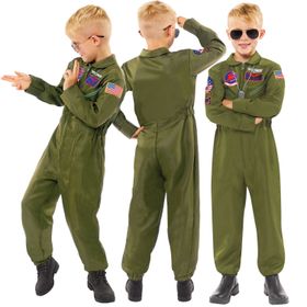 Top Gun Kostüm Kampfpilot Pete Maverick für Kinder Gr. 128 grün SALE Fasching Karneval Mottoparty Kinderfasching Unisex-Kostüm für Kinder