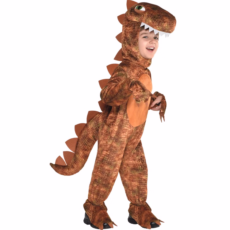 T-Rex Kostüm Spike für Kinder 6-8 Jahre braun Dinosaurier Tier Fasching Karneval Mottoparty Kinderfasching Kindergeburtstag Dino Dinokostüm T-Rex Kostüm Spike für Kinder seitlich von Vorne.