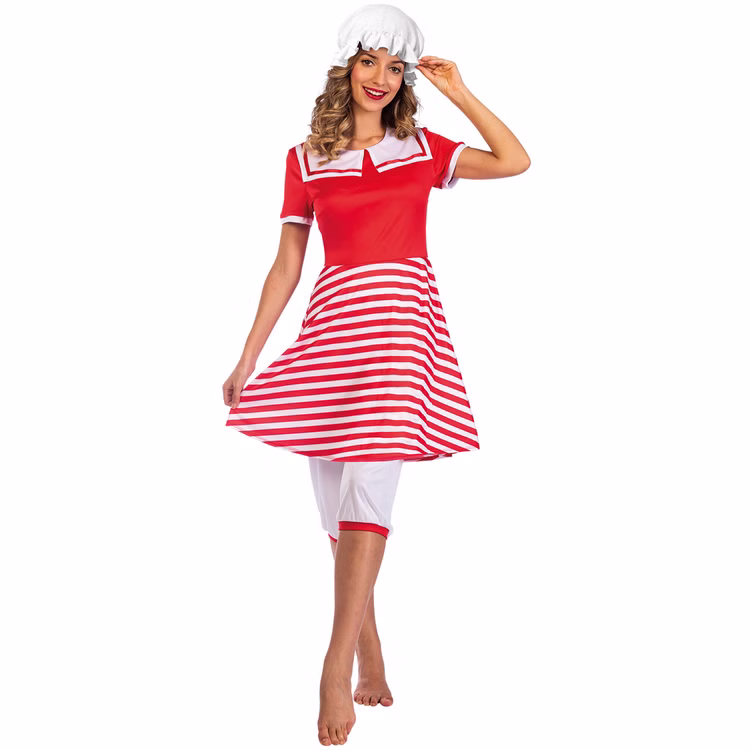 Historischer Badeanzug 20er Kleid mit Haube für Damen Gr. S-XL rot-weiß Beachparty Neptunfest Fasching Karneval Mottoparty Historischer Badeanzug 20er Kleid mit Haube für Damen Gr. S-XL rot-weiß Beachparty Neptunfest Fasching Karneval Mottoparty