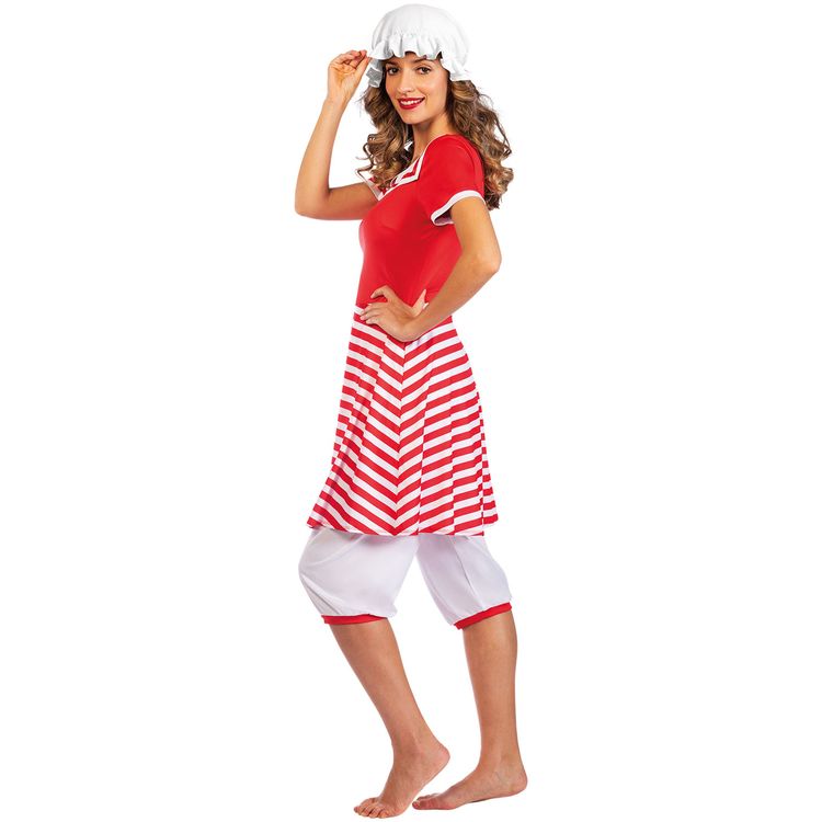 Historischer Badeanzug 20er Kleid rot-weiß gestreift mit Badehaube für Damen Historischer Badeanzug 20er Kleid mit Haube für Damen Gr. S-XL rot-weiß Beachparty Neptunfest Fasching Karneval Mottoparty
