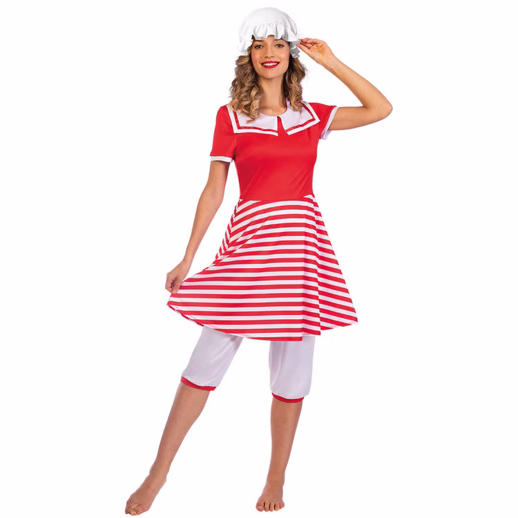 Historischer Badeanzug 20er Kleid mit Haube für Damen Gr. S-XL rot-weiß Beachparty Neptunfest Fasching Karneval Mottoparty Historischer Badeanzug 20er Kleid mit Haube für Damen Gr. S-XL rot-weiß Beachparty Neptunfest Fasching Karneval Mottoparty