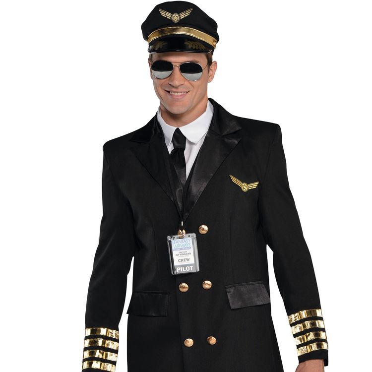 Pilot Kostüm Kapitän Elias für Herren Gr. M-XXL schwarz Uniform Berufe Flugzeugführer Fasching Karneval Mottoparty Paarkostüm