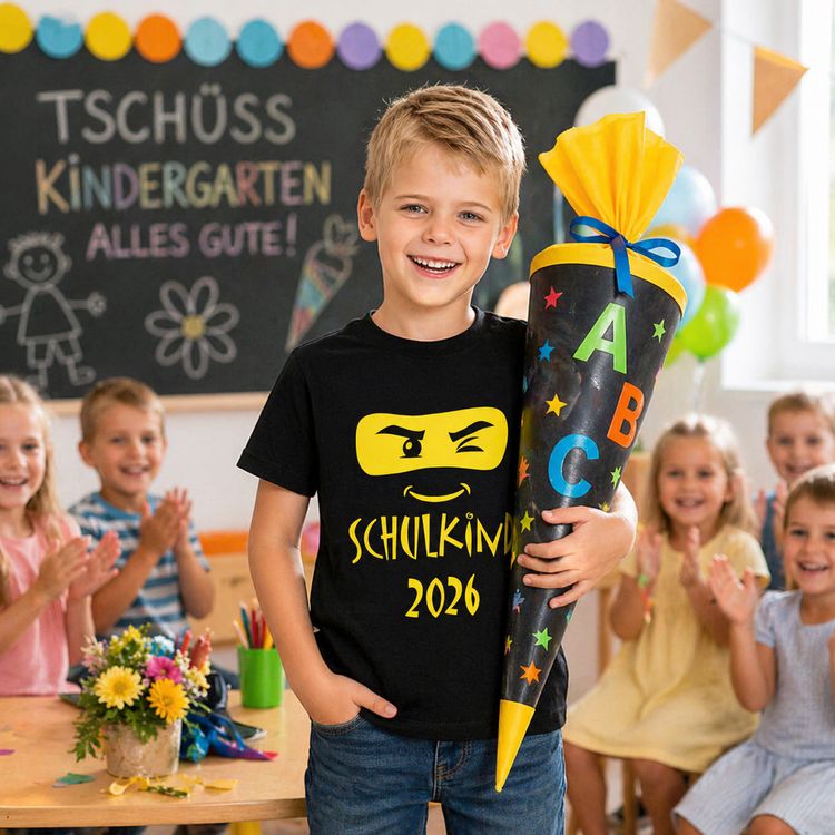 Schwarzes Kinder T-Shirt „Schulkind 2026“ mit gelbem Ninja-Gesicht und Schriftzug auf weißem Hintergrund.