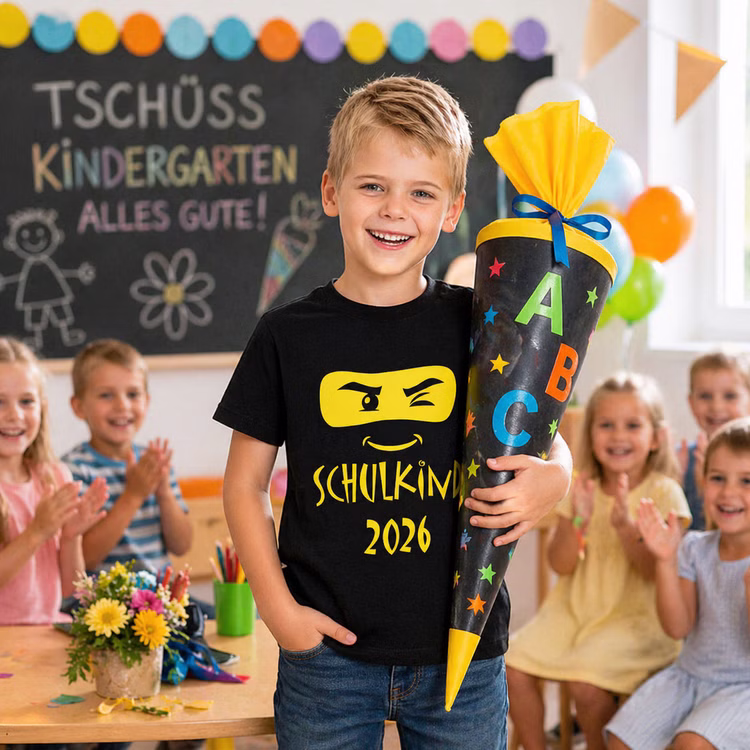Kinder T-Shirt Schulkind 2026 schwarz ABC-Schütze mit Ninja-Motiv für Kinder Gr. 110-152 Schulanfang Schulanfänger Geschenkidee Zuckertüte Schultüte Junge im „Schulkind 2026“ T-Shirt hält Zuckertüte beim Kindergarten-Abschied, Kinder klatschen im Hintergrund.