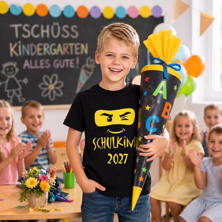 Schulkind 2027 T-Shirt Ninja mit Schultüte Junge mit schwarzem Schulkind 2027 T-Shirt und gelbem Ninja-Motiv hält eine dekorierte Schultüte vor weißem Hintergrund. Hinweis: KI generiertes Bild