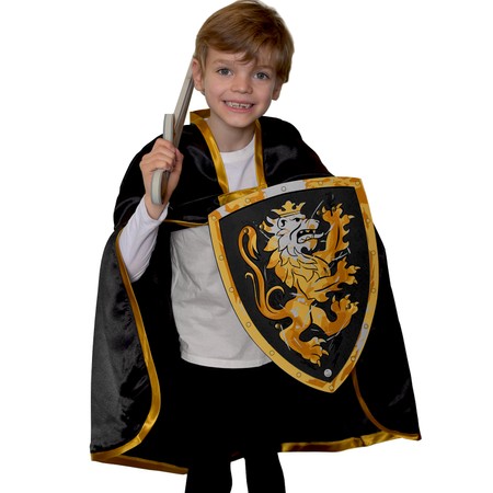 Ritter Kostüm Schwarzer Ritter Umhang 77 cm mit goldenem Löwen-Emblem für Kinder