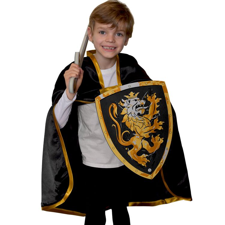 Ritter Kostüm Schwarzer Ritter Umhang 77 cm mit goldenem Löwen-Emblem für Kinder Ritter-Umhang Ritterfest Mittelalterfest Ritterturnier Rollenspiel Fasching Karneval Mottoparty Kindergeburtstag Kinderfasching