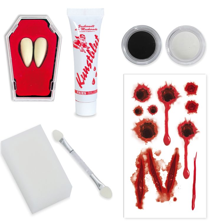 Halloween Schmink-Set 7-tlg. Bloody Vampir inkl. Vampirzähne Tattoo & Kunstblut Kostüm-Zubehör Schminke Make-Up Halloween Fasching Karneval Mottoparty