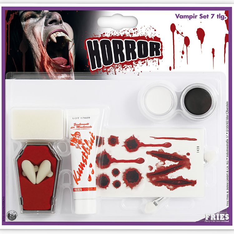 Halloween Schmink-Set 7-tlg. Bloody Vampir inkl. Vampirzähne Tattoo & Kunstblut Kostüm-Zubehör Schminke Make-Up Halloween Fasching Karneval Mottoparty