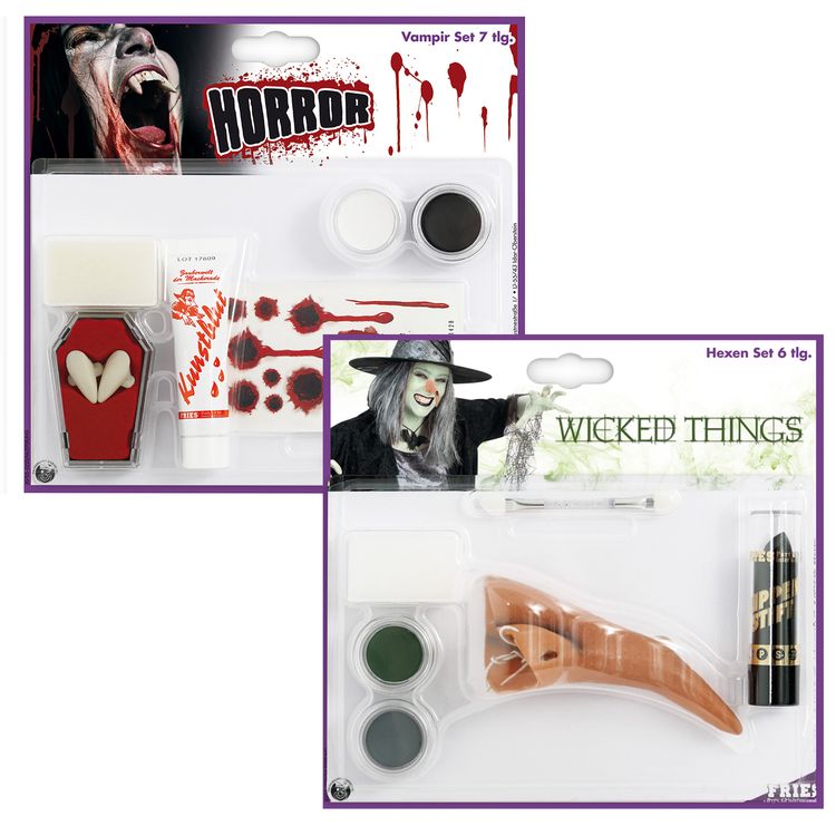 Halloween Schmink-Set 7-tlg. Bloody Vampir inkl. Vampirzähne Tattoo & Kunstblut Kostüm-Zubehör Schminke Make-Up Halloween Fasching Karneval Mottoparty