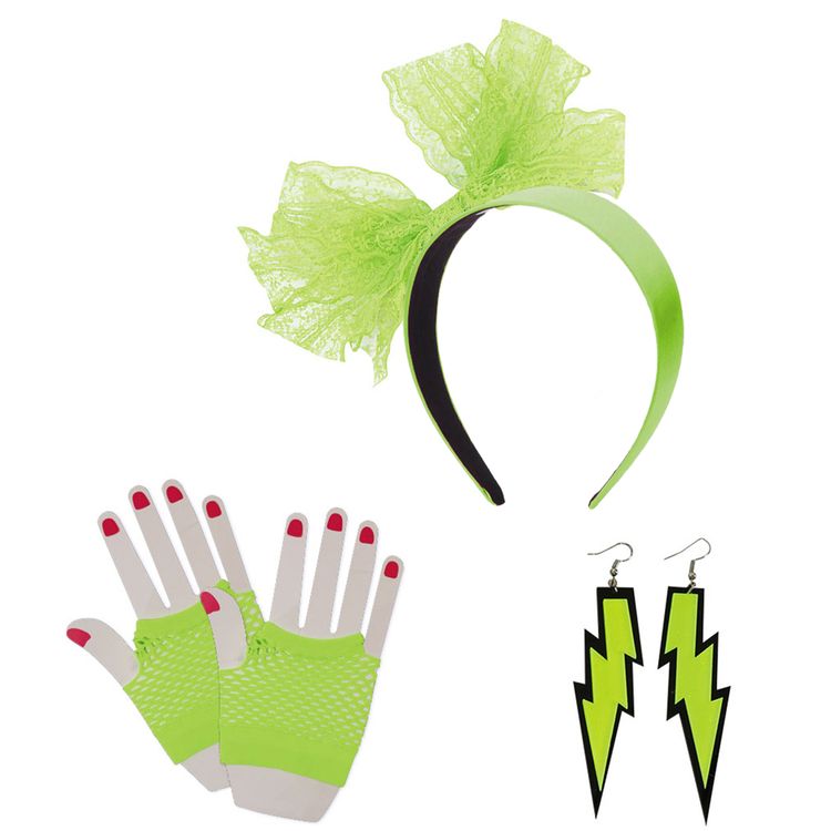 80er Neon-Set 5-tlg. grün Haarreif Handschuhe & Ohrringe für Damen 80er Neon-Set 5-tlg. grün Haarreif Handschuhe & Ohrringe für Damen Kostüm-Zubehör Fasching Karneval Mottoparty Accessoires