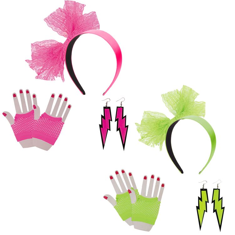 80er Neon-Set 5-tlg. grün Haarreif Handschuhe & Ohrringe für Damen 80er Neon-Set 5-tlg. grün Haarreif Handschuhe & Ohrringe für Damen Kostüm-Zubehör Fasching Karneval Mottoparty Accessoires
