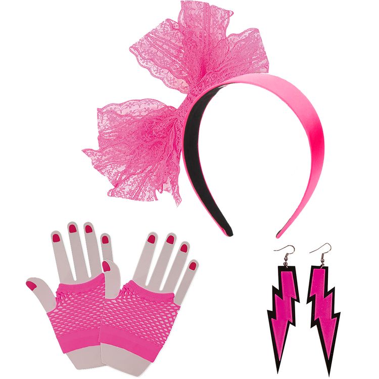 80er Neon-Set 5-tlg. pink Haarreif Handschuhe & Ohrringe für Damen 80er Neon-Set 5-tlg. pink Haarreif Handschuhe & Ohrringe für Damen Kostüm-Zubehör Fasching Karneval Mottoparty Accessoires