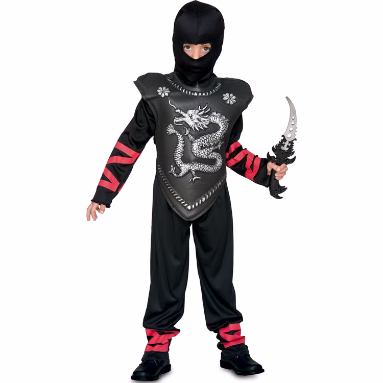 Ninja Kostüm Kinder Silberner Drache Shinobi mit Rüstung 10-12 Jahre SALE Fasching Karneval Mottoparty Kinderfasching Asien Japan Andere Länder Kind im schwarzen Ninja-Kostüm mit Kapuze und großer schwarzer Rüstung, die mit einem silbernen Drachen verziert ist. Rote Akzente an Ärmeln und Beinen ergänzen den geheimnisvollen Krieger-Look.