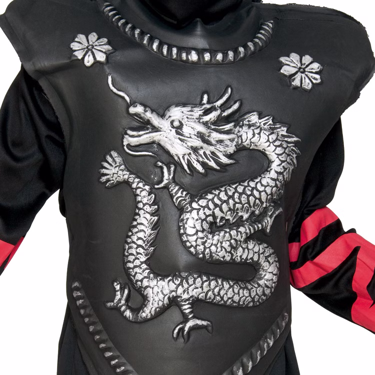 Ninja Kostüm Kinder Silberner Drache Shinobi mit Rüstung 10-12 Jahre SALE Fasching Karneval Mottoparty Kinderfasching Asien Japan Andere Länder Nahaufnahme Oberkörper mit Rüstung von Vorne.