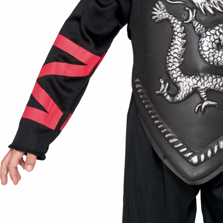 Ninja Kostüm Kinder Silberner Drache Shinobi mit Rüstung 10-12 Jahre SALE Fasching Karneval Mottoparty Kinderfasching Asien Japan Andere Länder Nahaufnahme Ärmel mit roten Akzenten an den Ärmelenden von Vorne.