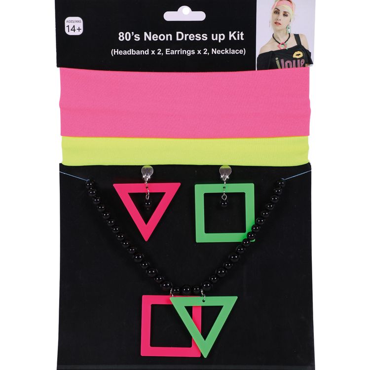 80er Jahre Neon-Set Ohrringe Kette & Stirnbänder für Damen Kostüm-Zubehör Accessoire Neon-Party 90er Jahre Fasching Karneval Mottoparty