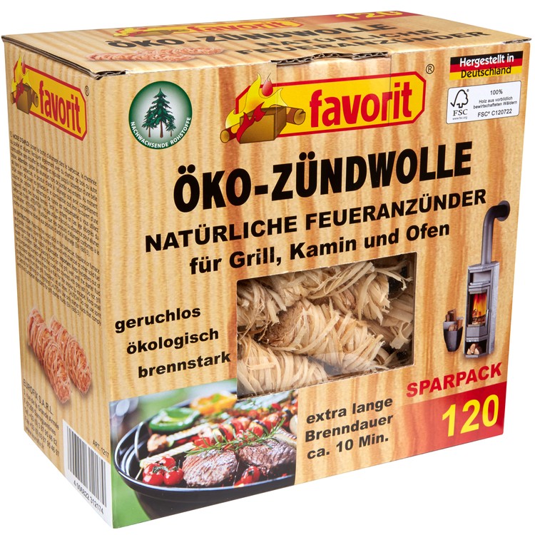 Öko-Zündwolle im 120er Karton von Favorit Grillanzünder und Kaminanzünder