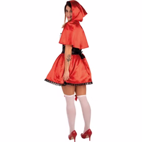 Rotkäppchen Kostüm Damen Märchenkleid mit Cape Rot Schwarz Kleid Gr. 34-44 SALE Märchen Fasching Karneval Mottoparty Halloween Paarkostüm Frau im Rotkäppchen Kostüm mit rotem Kapuzencape auf dem Kopf von Hinten.