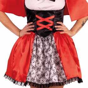Rotkäppchen Kostüm Damen Märchenkleid mit Cape Rot Schwarz Kleid Gr. 34-44 SALE Märchen Fasching Karneval Mottoparty Halloween Paarkostüm Detailaufnahme des Rotkäppchen-Kleides von Vorne.