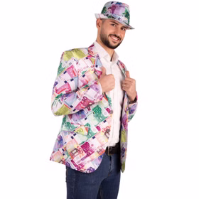 Geldschein Kostüm Mr. Money Maker Euro für Herren Gr. 48-58 bunt mit Hut JGA Fasching Karneval Mottoparty Euroscheine Jacke Jackett Geldschein Kostüm Mr. Money Maker Euro für Herren Gr. 48-58 bunt mit Hut JGA Fasching Karneval Mottoparty Euroscheine Jacke Jackett