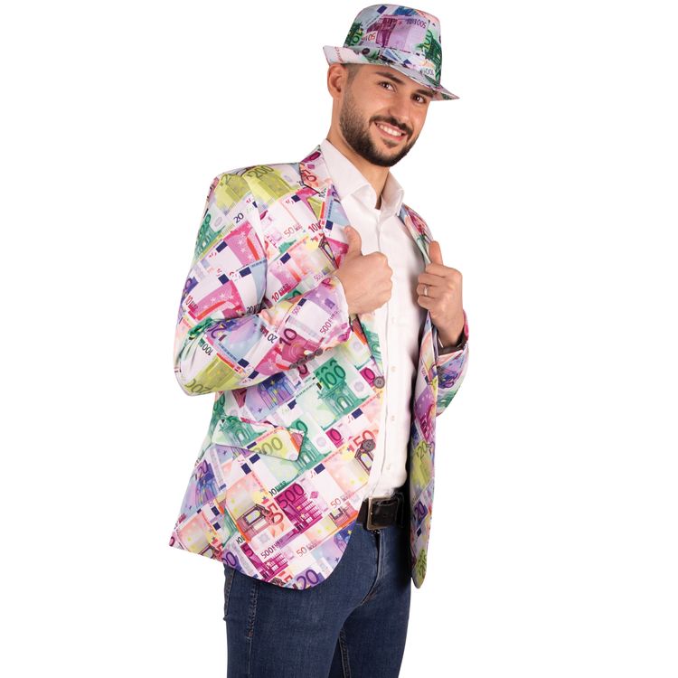 Geldschein Kostüm Mr. Money Maker Euro für Herren Gr. 48-58 bunt mit Hut JGA Fasching Karneval Mottoparty Euroscheine Jacke Jackett