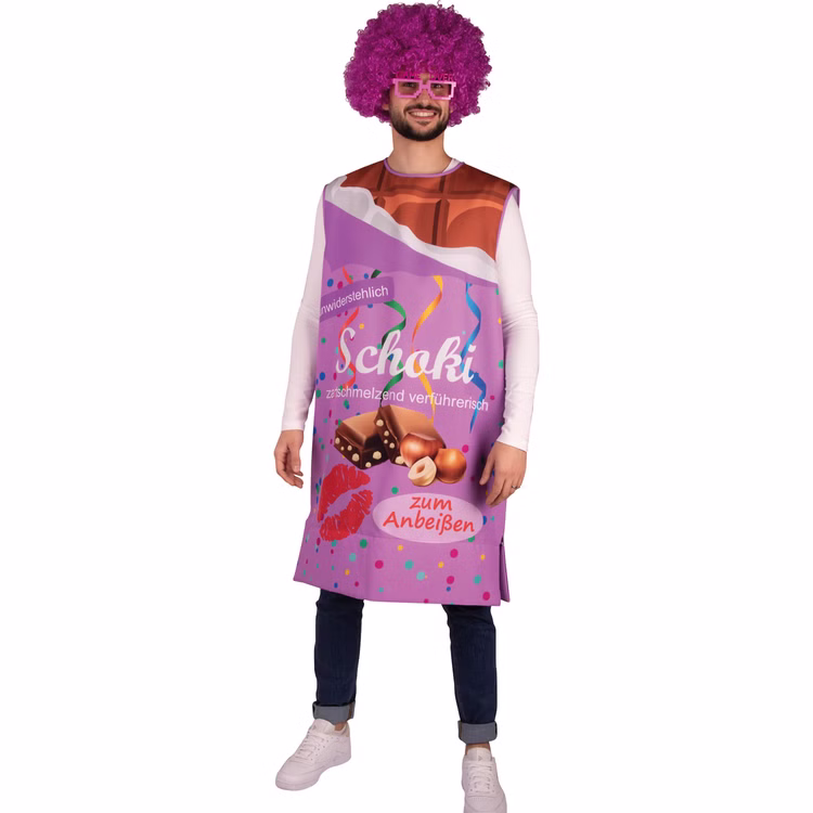 Schokoladen Kostüm Vernasch Mich Schoko für Erwachsene Gr. S-XXL lila Fasching Karneval Mottoparty Paarkostüm Gruppenkostüm Spaßkostüm JGA Lebensmittel Tafel Schokolande Schokoladen Kostüm Vernasch Mich Mann mit pinker Perücke von Vorne