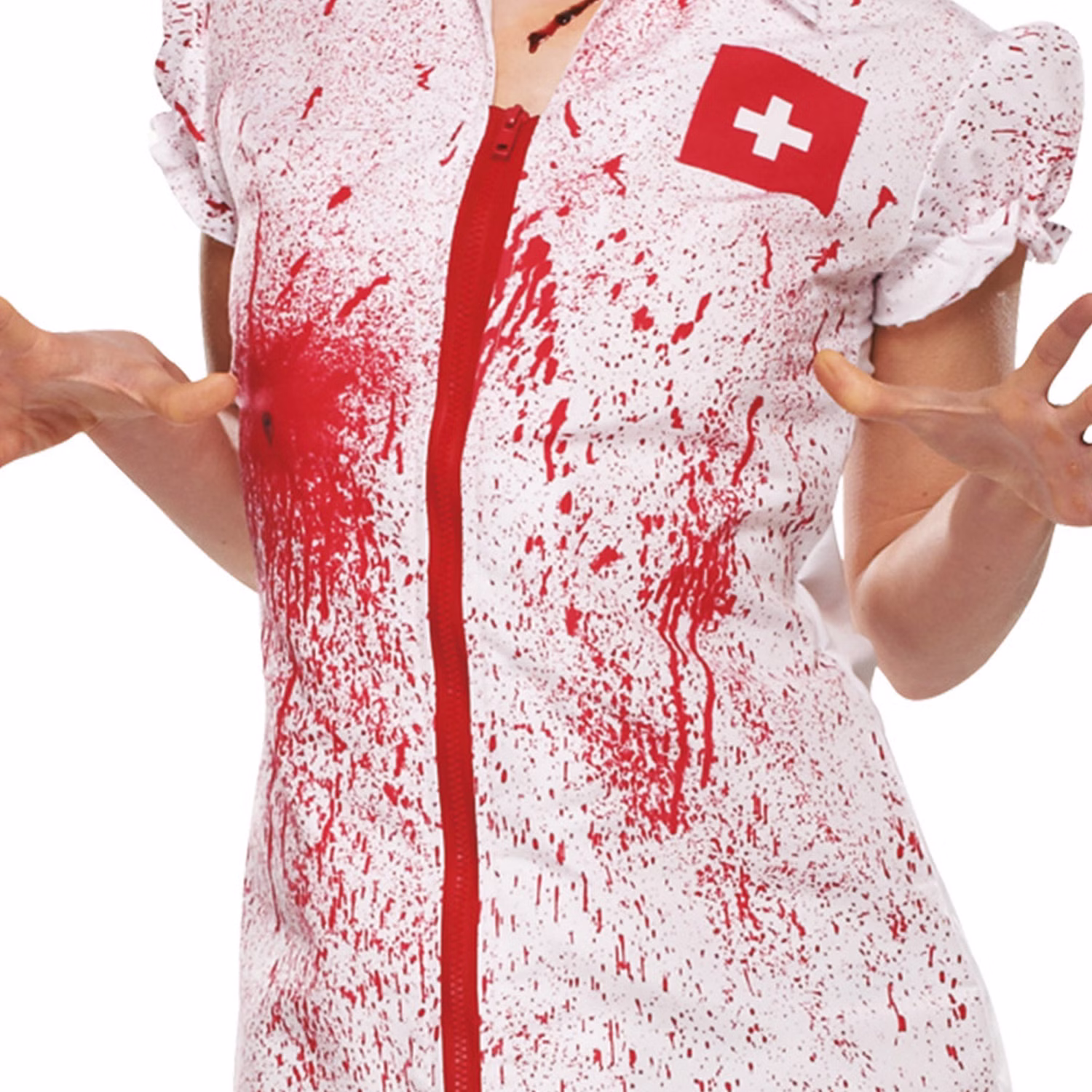 Krankenschwester Kostüm Halloween Bloody Nurse für Damen Gr. 34-42 Kleid Fasching Karneval Mottoparty Paarkostüm Nahaufnahme Kleid mit Blutspritzern bedruckt von Vorne.