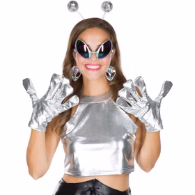 Alien Zubehör-Set Space Haarreif Brille Ohrringe & Handschuhe Silbern für Damen Kostüm-Zubehör Fasching Karneval Mottoparty Weltraum Galaxie Galaxy