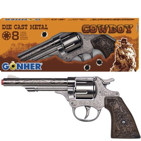 Cowboy Pistole 21 cm silbern braun 8 Schuss Western-Revolver Kostüm-Zubehör Spielzeug-Revolver Kinder-Spielzeug Cowboy-Pistole für Kinder Western Wilder Westen Accessoire