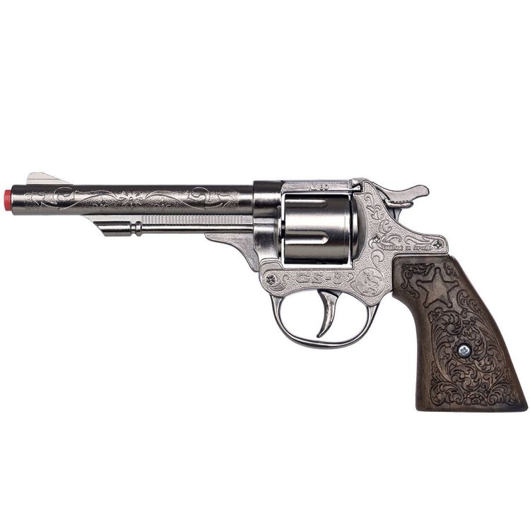 Cowboy Pistole 21 cm silbern braun 8 Schuss Western-Revolver Cowboy Pistole 21 cm silbern braun 8 Schuss Western-Revolver Kostüm-Zubehör Spielzeug-Revolver Kinder-Spielzeug Cowboy-Pistole für Kinder Western Wilder Westen Accessoire